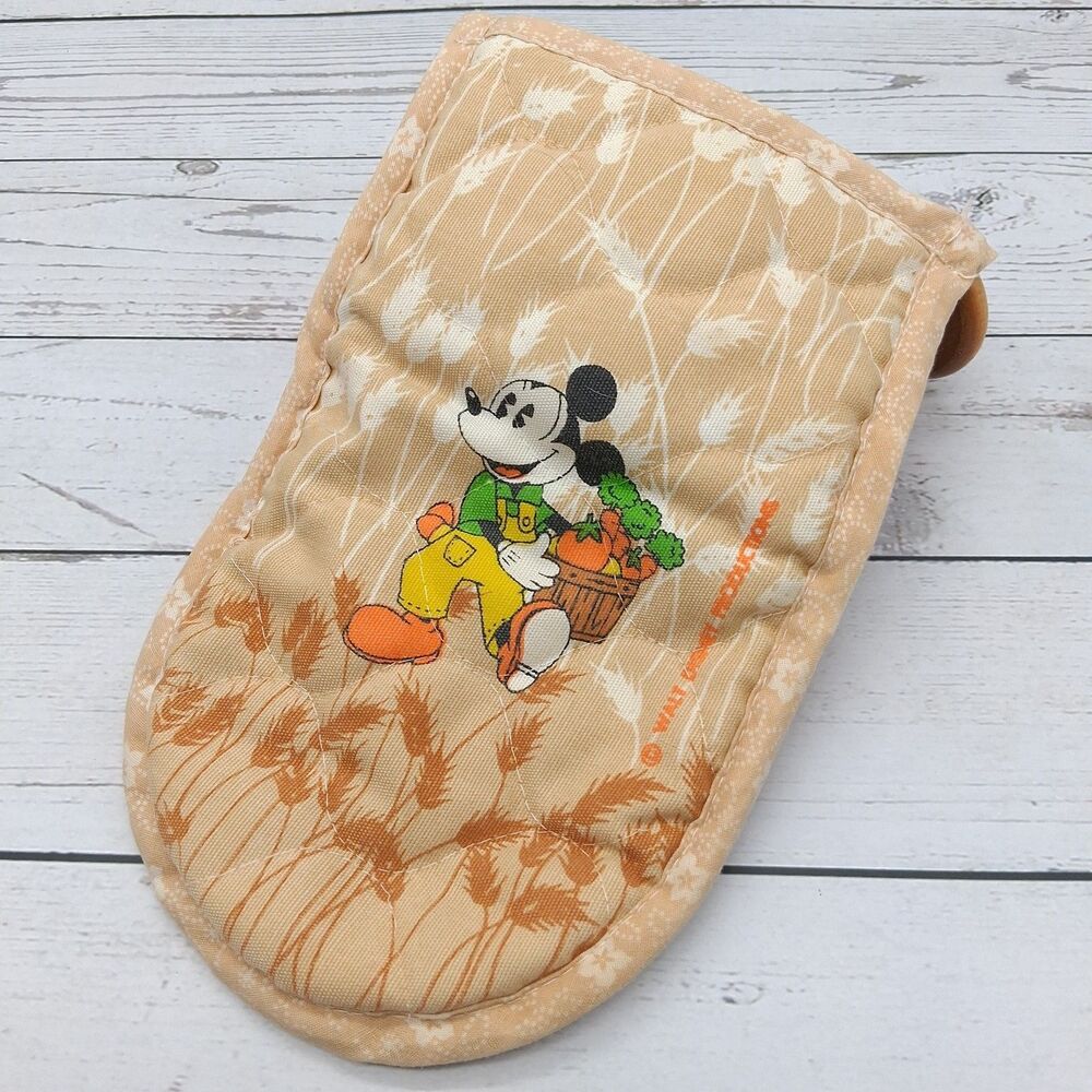 Vintage Mickey Mouse Oven Mitt Potholder Brown Orange Yellow Green Wooden Ring